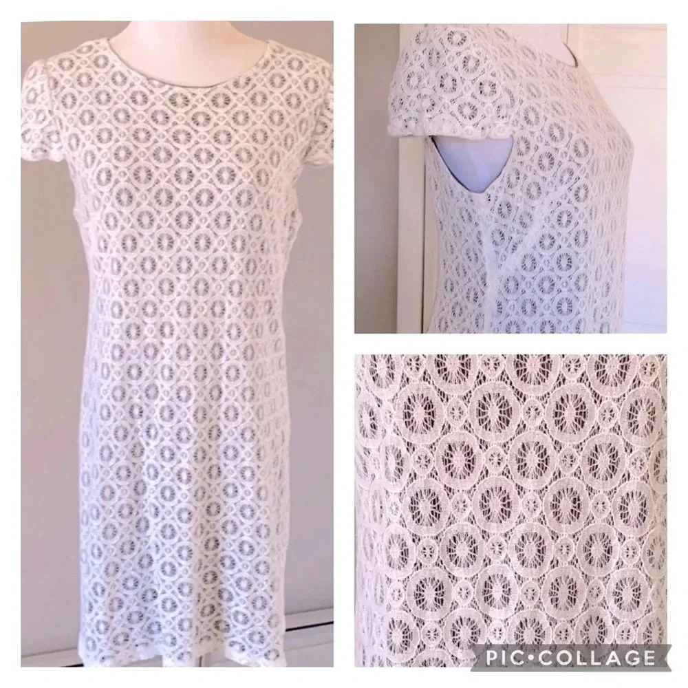 Boutique Ivory Short Sleeve Crochet Dress Women’s Size 10